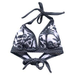 Women's Black White Palm Print Halter Bikini Top, M